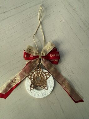 Dior White Porcelain Disc Ornament with Gold Star and Red Gold Ribbon